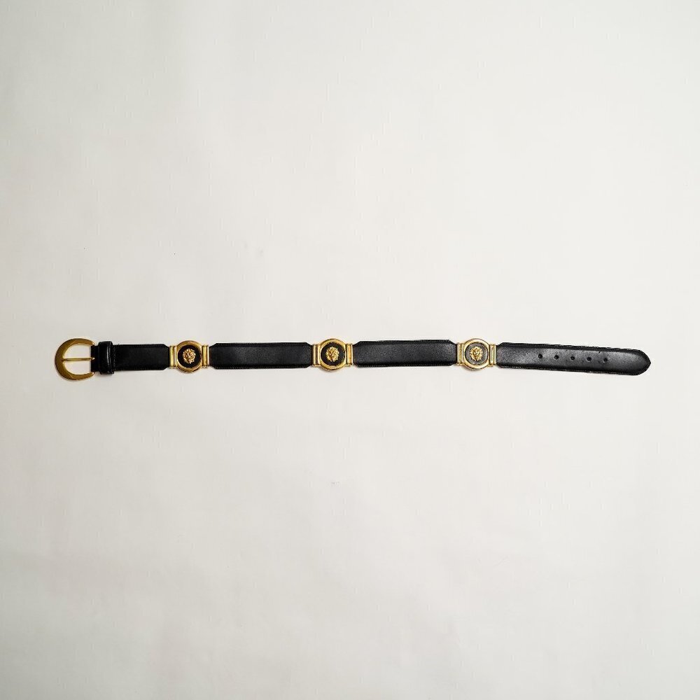 Vintage Leather Belt with Gold Medallion Lion Head Accents